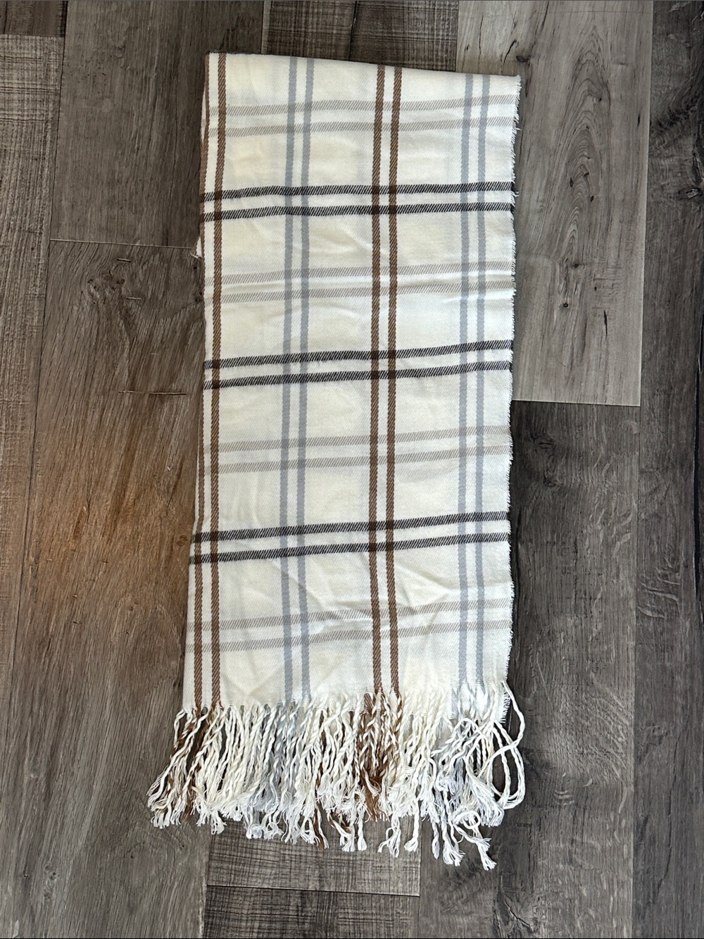 Steve Madden Cream Plaid Fringe Scarf with Brown and Gray Stripes